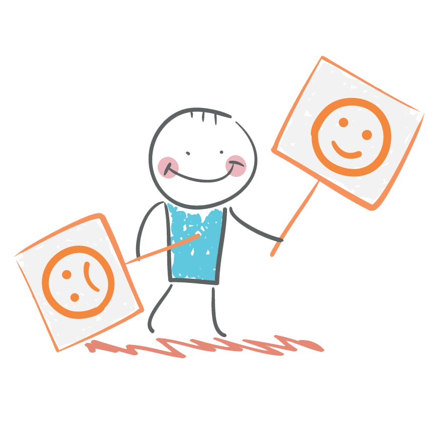 Tegning av person som holder skilt med smileyer